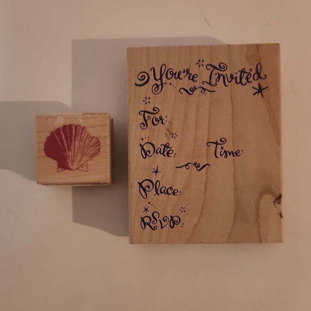 InkadinKado Brown Red Wood Mounted Rubber Heart 3x4 Stamps Shell Beach Ocean